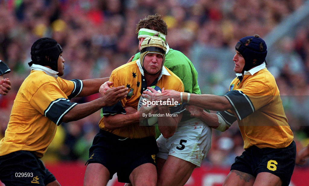 10 October 1999; David Giffin of Australia is tackled by Malcolm O'Kelly of Ireland during the Rugby World Cup Pool E match between Ireland and Australia at Lansdowne Road in Dublin. Photo by Brendan Moran/Sportsfile
