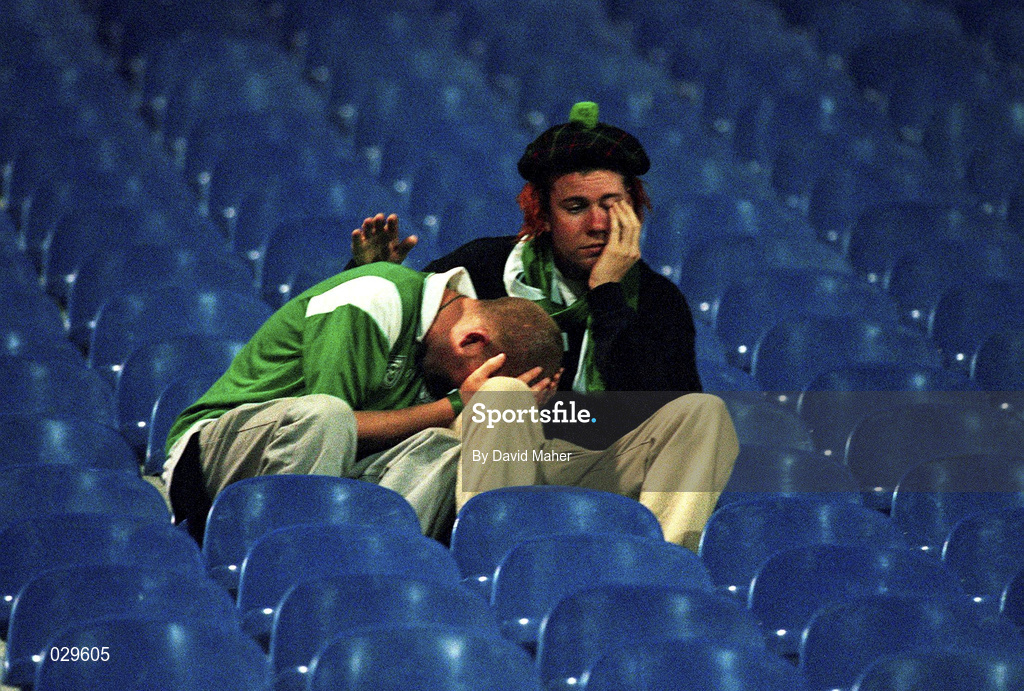 4 September 1999; Dejected Republic of Ireland supporters following the UEFA European Championships Qualifying Group 8 match between Croatia and Republic of Ireland at Maksimir Stadium in Zagreb, Croatia. Photo by David Maher/Sportsfile