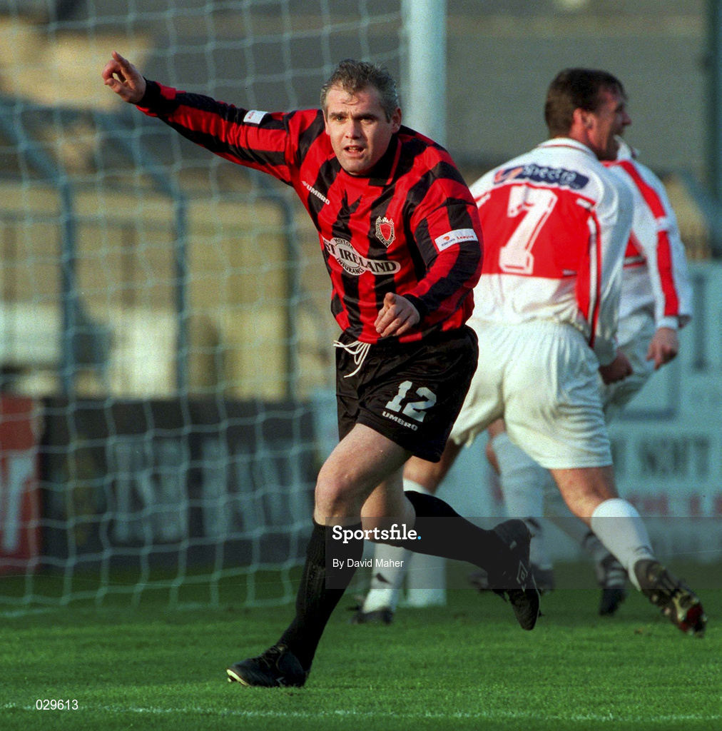 31 October 1999.  Derek Swan of Bohemians celebrates after scoring his sides second goal during the Eircom League Premier Division match between Bohemians and Sligo Rovers at Dalymount Park in Dublin. Photo by David Maher/Sportsfile