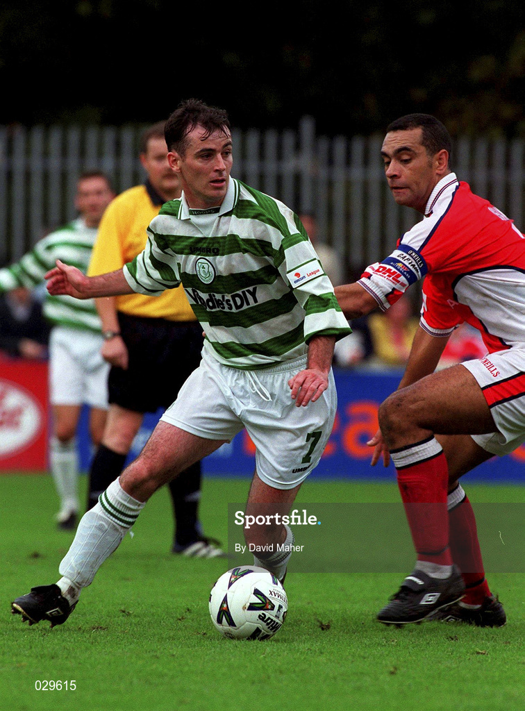 24 October 1999; Derek Treacy of Shamrock Rovers in action against Paul Osam of St Patrick's Athletic during the Eircom League Premier Division match between St Patrick's Athletic and Shamrock Rovers at Richmond Park in Inchicore, Dublin. Photo by David Maher/Sportsfile
