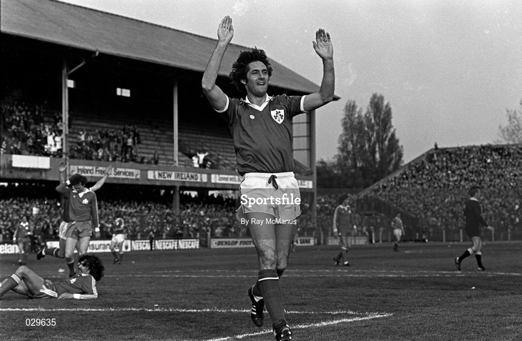 30 April 1980. Republic of Ireland's Don Givens celebrates after scoring his side's opening goal during the International Friendly match between Republic of Ireland and Switzerland at Lansdowne Road in Dublin. Photo by Ray McManus/Sportsfile