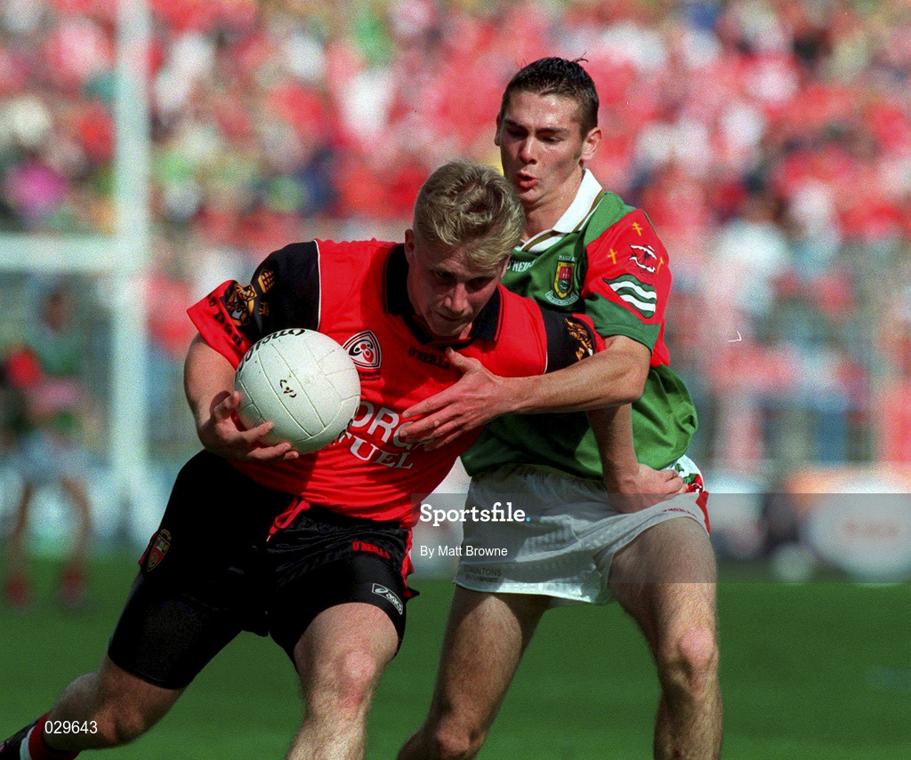 26 September 1999; Michael Walsh of Down in action against Paul Coady of Mayo during the All-Ireland Minor Football Final between Down and Mayo at Croke Park in Dublin. Photo by Matt Browne/Sportsfile