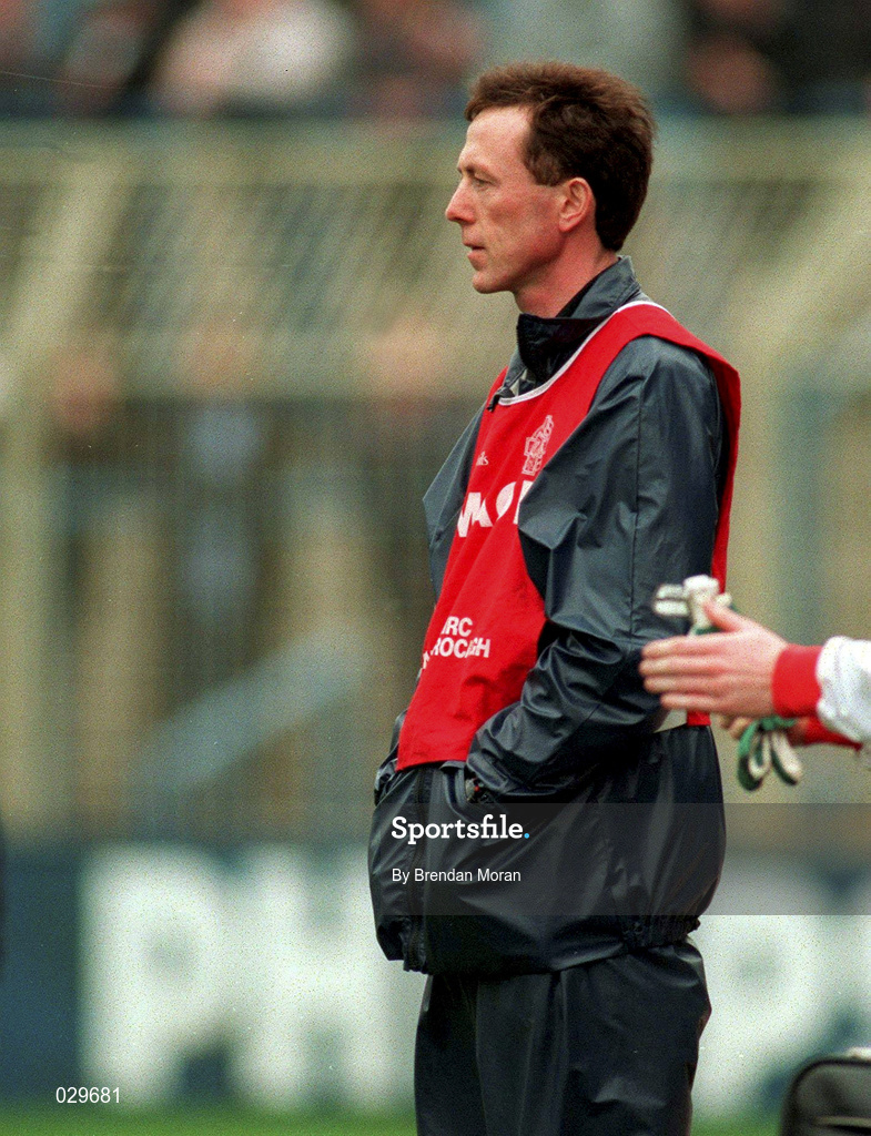 16 April 1995; Tyrone joint manager Eugene McKenna during the Church & General National Football League Quarter-Final match between Tyrone and Kerry at Croke Park in Dublin. Photo by Brendan Moran/Sportsfile