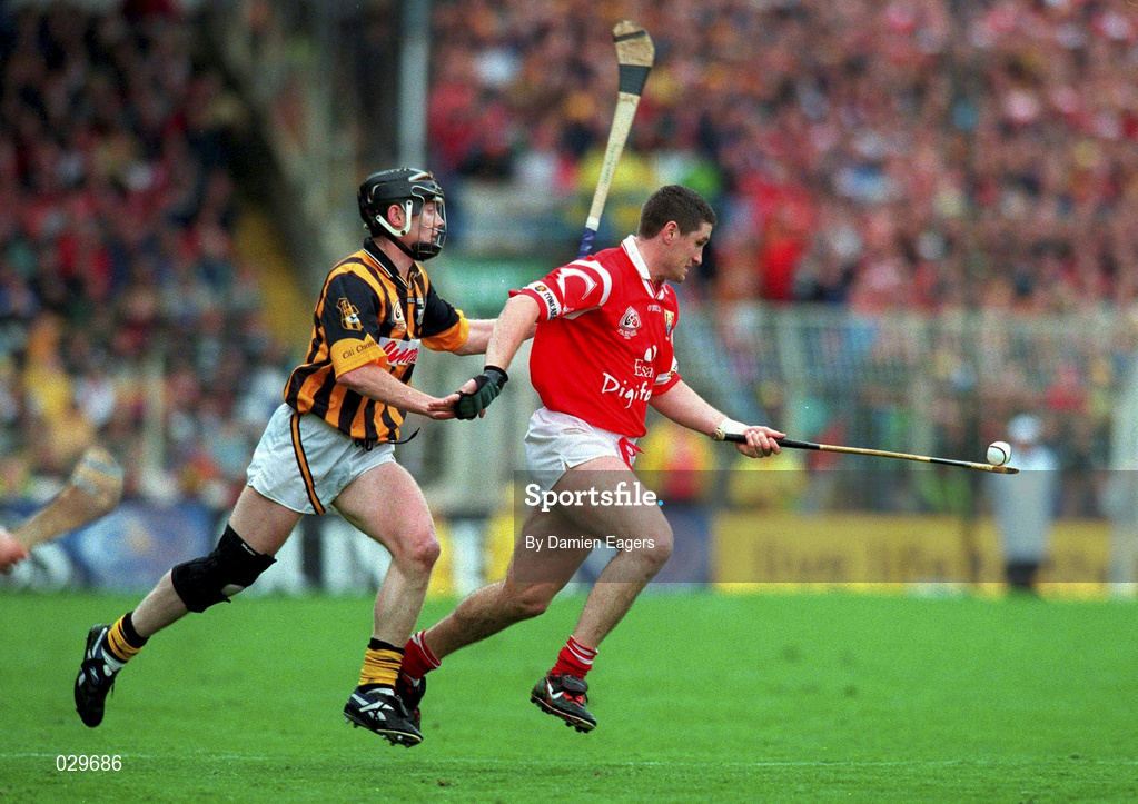 12 September 1999; Fergal McCormack of Cork in action against Peter Barry of Kilkenny during the Guinness All-Ireland Senior Hurling Championship Final between Cork and Kilkenny at Croke Park in Dublin. Photo by Damien Eagers/Sportsfile