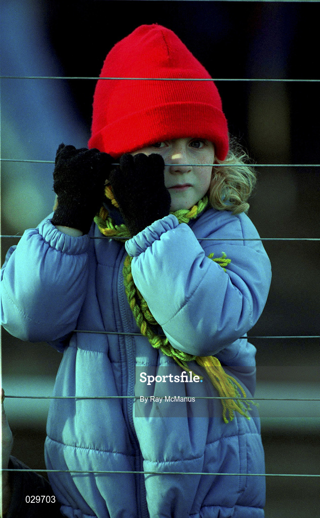 31 October 1999; Six year old Meagan Stewart, from Navan, Meath during the Church & General National Football League Division 1B match between Meath and Clare at Páirc Tailteann in Navan, Meath. Photo by Ray McManus/Sportsfile