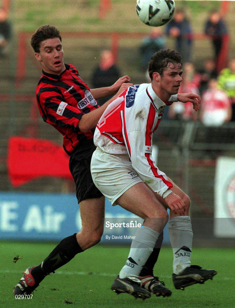 31 October 1999; Shaun Maher of Bohemians, in action Padraig Moran of Sligo Rovers during the Eircom League Premier Division match between Bohemians and Sligo Rovers at Dalymount Park in Dublin. Photo by David Maher/Sportsfile
