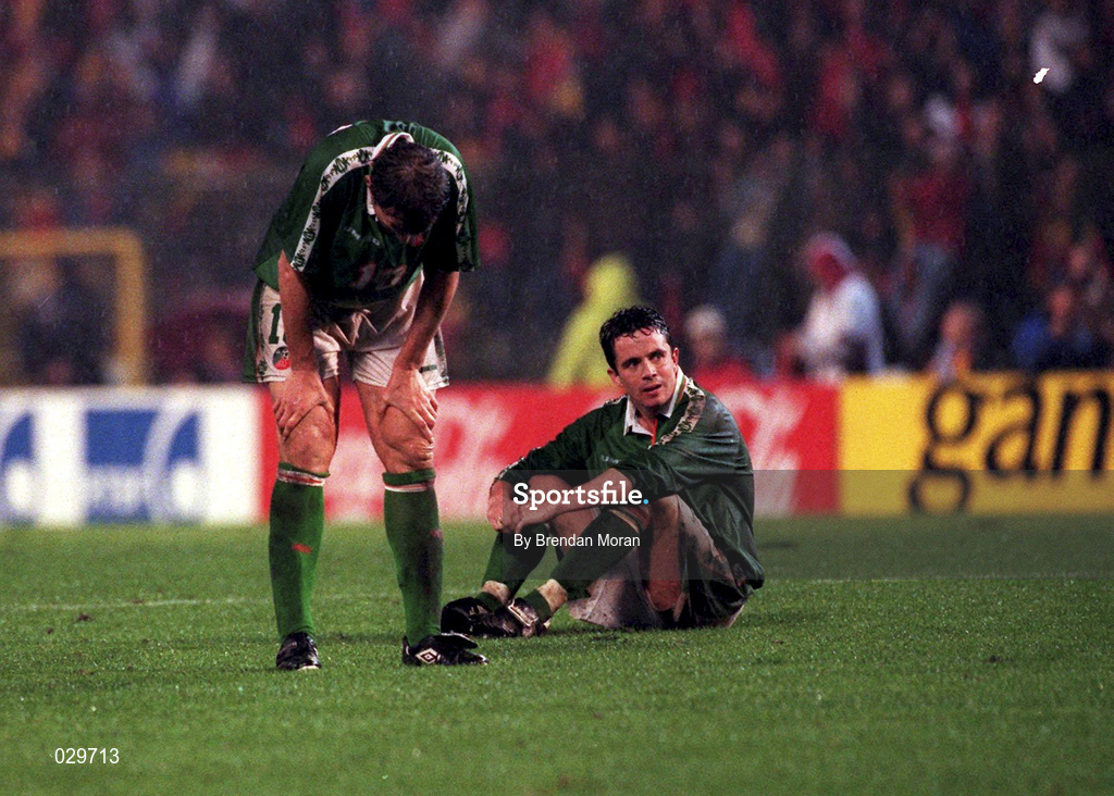 15 November 1997; Gary Kelly, right, and Tony Cascarino of Republic of Ireland following the FIFA World Cup Play-Off Second Leg match between Belgium and Republic of Ireland at Heysel Stadium in Brussels, Belgium. Photo by Brendan Moran/Sportsfile