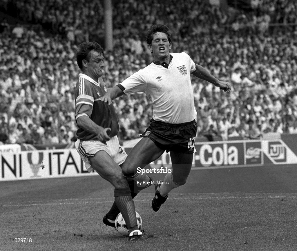 12 June 1988; Kevin Moran of Republic of Ireland tackles Gary Lineker of England during the UEFA European Football Championship Finals Group B match between England and Republic of Ireland at Neckarstadion in Stuttgart, Germany. Photo by Ray McManus/Sportsfile