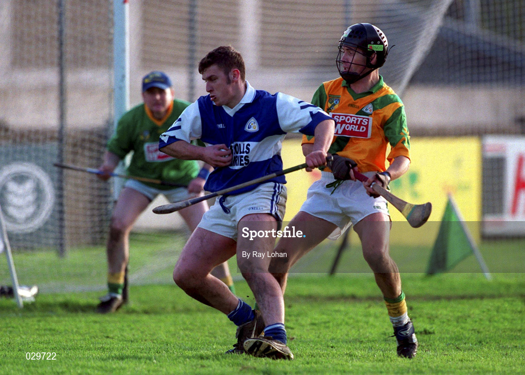 30 October 1999; Ger Cuddy of Castletown in action against Tim Murnane of Faughs during the AIB Leinster Club Hurling Championship Quarter-Final match between Castletown, Laois, and Faughs, Dublin, at Parnell Park in Dublin. Photo by Ray Lohan/Sportsfile