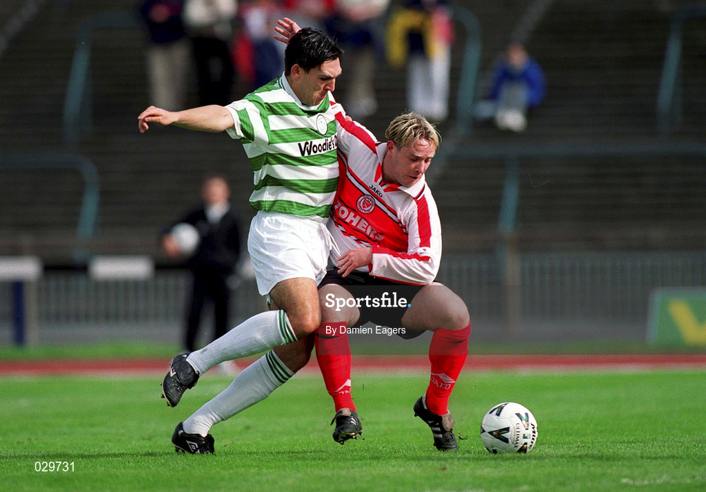 26 September 1999; Shane Jackson of Shamrock Rovers in action against Glenn Shannon of Sligo Rovers during the Eircom League Premier Division match between Shamrock Rovers and Sligo Rovers at Morton Stadium in Santry, Dublin. Photo by Damien Eagers/Sportsfile