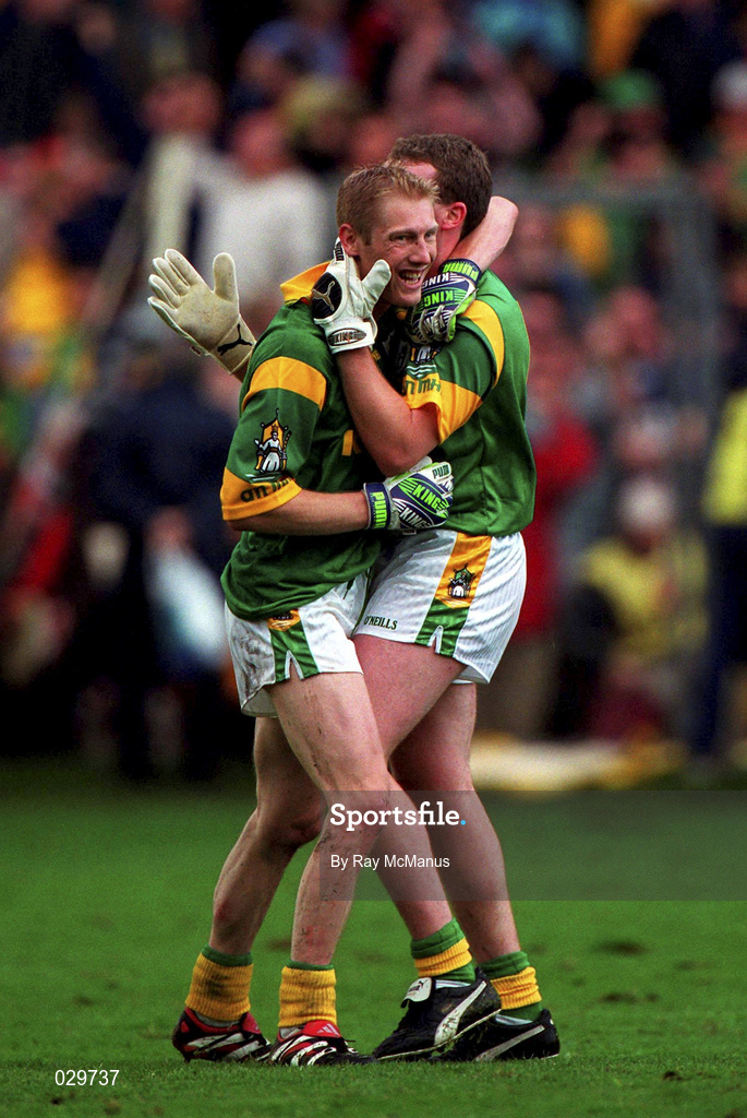 26 September 1999; Meath captain Graham Geraghty, left, and team-mate Barry Callaghan celebrate following the Bank of Ireland All-Ireland Senior Football Championship Final between Meath and Cork at Croke Park in Dublin. Photo by Ray McManus/Sportsfile