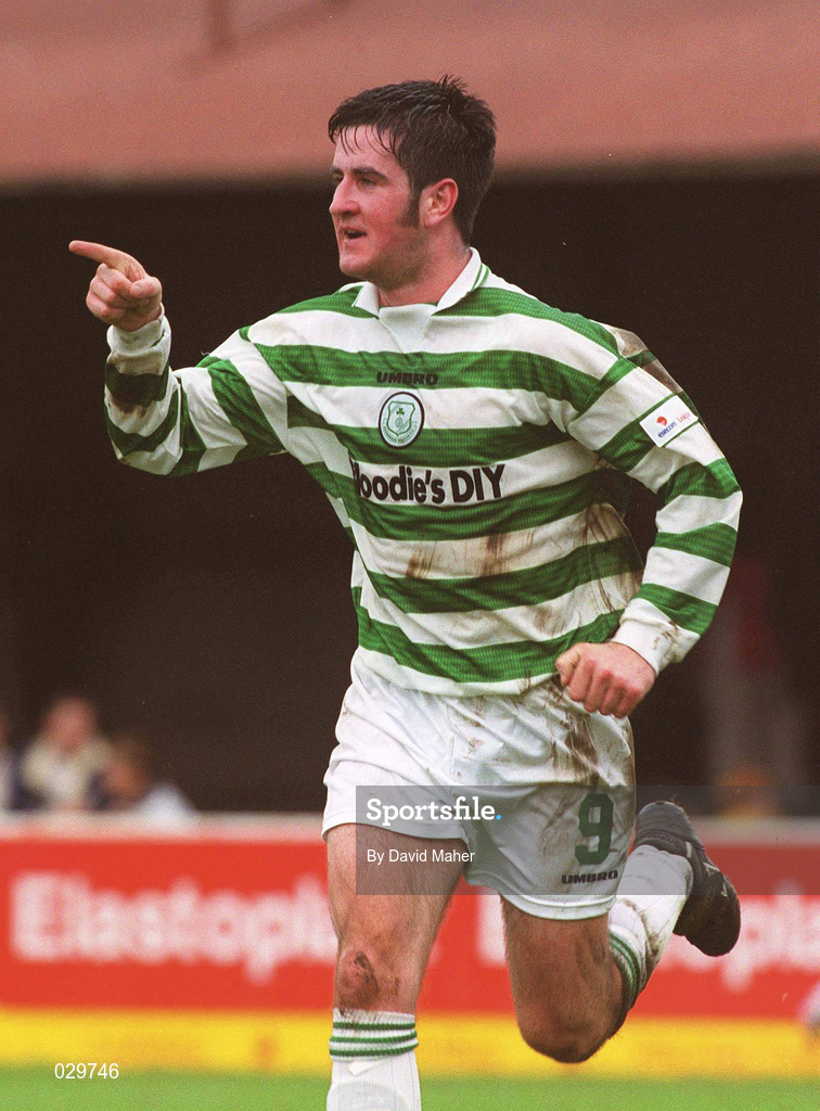 24 October 1999; Graham Lawlor of Shamrock Rovers celebrates after scoring his side's goal during the Eircom League Premier Division match between St Patrick's Athletic and Shamrock Rovers at Richmond Park in Inchicore, Dublin. Photo by David Maher/Sportsfile