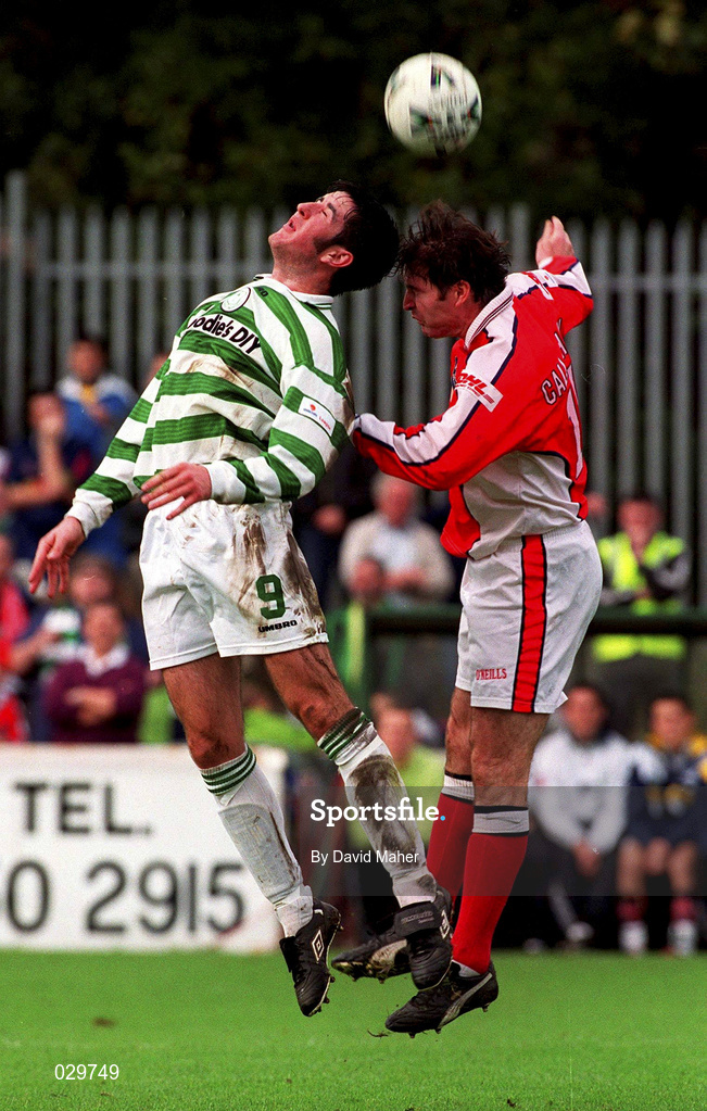 24 October 1999; Graham Lawlor of St Patrick's Athletic in action against Aaran Callaghan of Shamrock Rovers during the Eircom League Premier Division match between St Patrick's Athletic and Shamrock Rovers at Richmond Park in Inchicore, Dublin. Photo by David Maher/Sportsfile