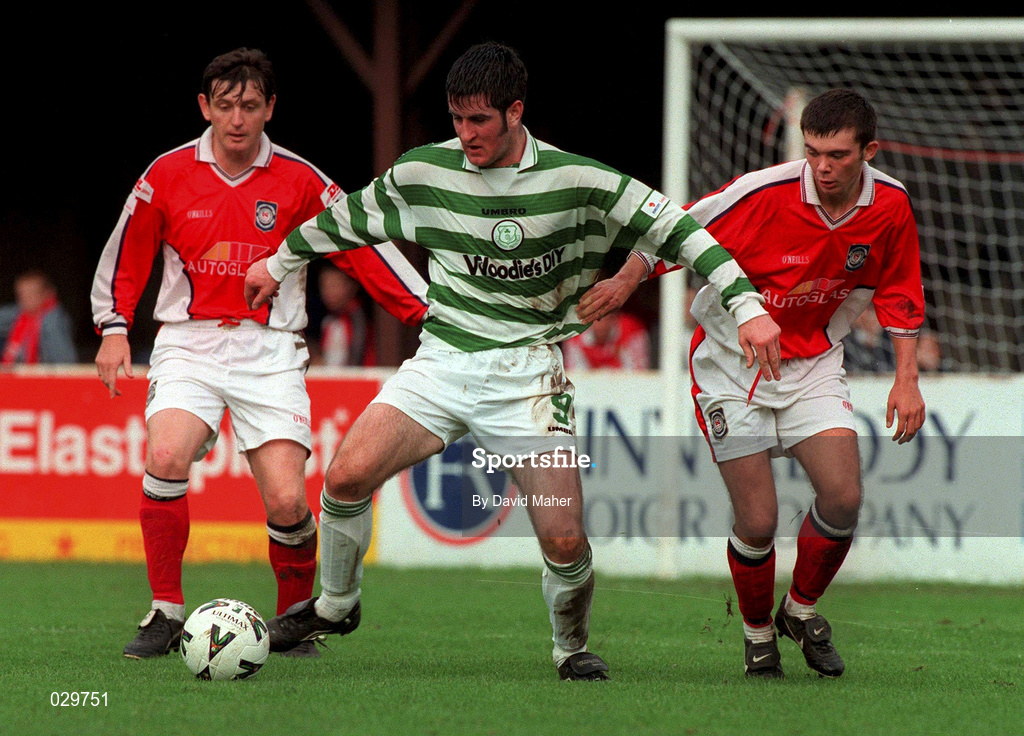 24 October 1999; Graham Lawlor of Shamrock Rovers in action against Martin Rusell, left, and Paul Donnelly of St Patrick's Athletic during the Eircom League Premier Division match between St Patrick's Athletic and Shamrock Rovers at Richmond Park in Inchicore, Dublin. Photo by David Maher/Sportsfile