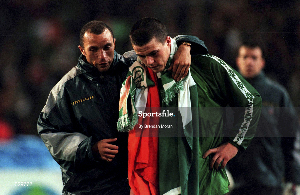 15 November 1997; Terry Phelan, left, and Ian Harte of Republic of Ireland following the FIFA World Cup Play-Off Second Leg match between Belgium and Republic of Ireland at Heysel Stadium in Brussels, Belgium. Photo by Brendan Moran/Sportsfile