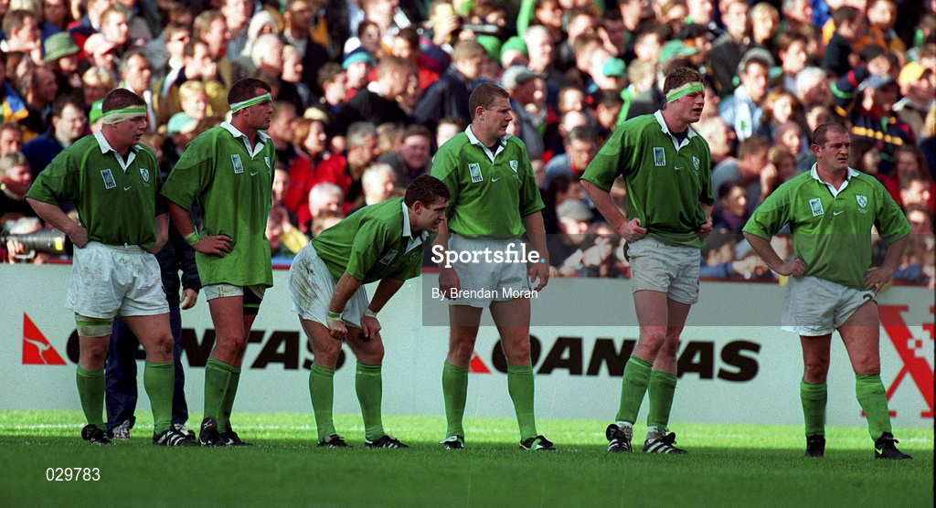 10 October 1999;  Ireland players from left, Paul Wallace, Dion O'Cuinneagain, Tom Tierney, Matt Mostyn, Malcolm O'Kelly and Peter Clohessy look on as Australia convert a try during the Rugby World Cup Pool E match between Ireland and Australia at Lansdowne Road in Dublin. Photo by Brendan Moran/Sportsfile