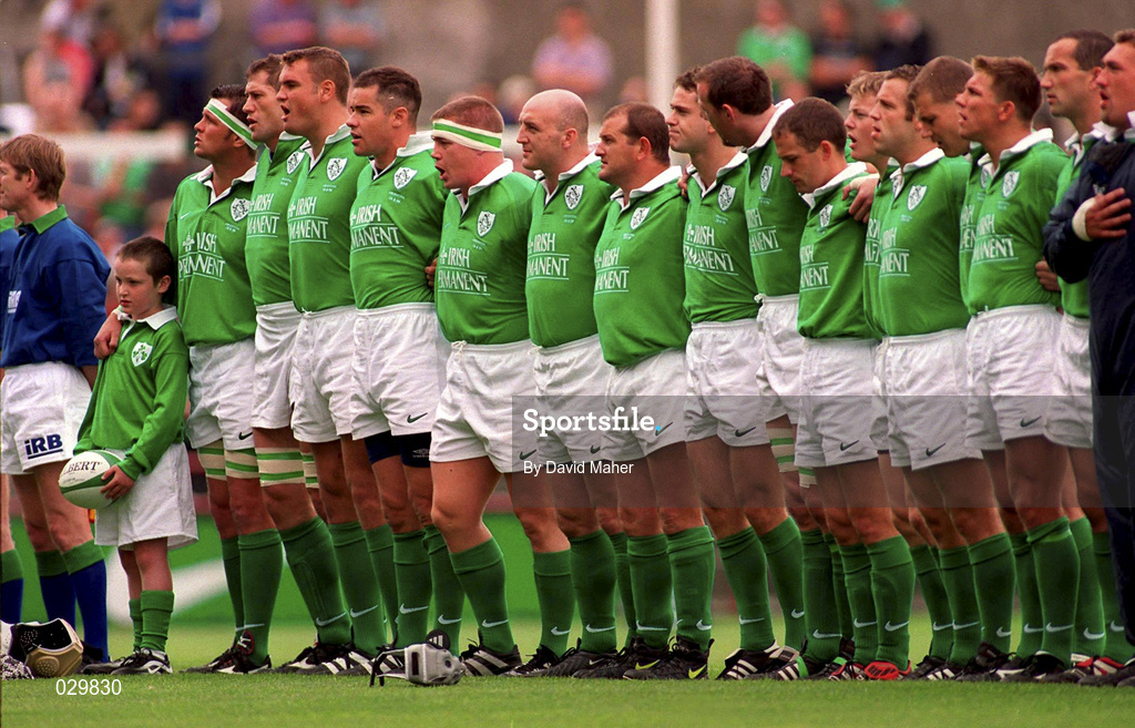 28 August 1999; Ireland players stand for the playing of Ireland's Call prior to the Rugby World Cup Warm-up match between Ireland and Argentina at Lansdowne Road in Dublin. Photo by David Maher/Sportsfile