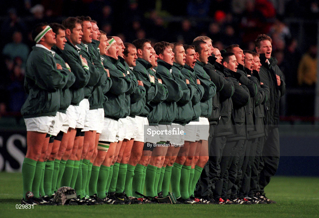 2 October 1999; The Ireland squad during the playing of Ireland's Call prior to the Rugby World Cup Pool E match between Ireland and USA at Lansdowne Road in Dublin. Photo by Brendan Moran/Sportsfile