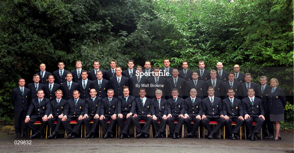 28 September 1999; The Ireland Rugby World Cup squad photographed at Finnstown House in Lucan, Dublin prior to the 1999 Rugby World Cup. Back row, from left, Willie Bennett, Brian O'Meara, Brian O’Driscoll, Ross Nesdale, Justin Bishop, Tom Tierney, Angus McKeen, Justin Fitzpatrick, Mike Mullins, James Topping, Gordon D’Arcy and Steve Aboud. Middle Row, from left, Craig White, John Redmond, David Humphreys, Kevin Maggs, Andy Ward, Matt Mostyn, Bob Casey, Malcolm O’Kelly, Jeremy Davidson, Trevor Brennan, Reggie Corrigan, Eric Miller, Kieron Dawson, Paddy 'Rala' O’Reilly, Donal O’Donoghue and Denise Flanagan. Front row, from left, David Corkery, Jonathan Bell, Peter Clohessy, Conor O’Shea, Head coach Warren Gatland, Manager Donal Lenihan, Captain Dion O'Cuinneagain, IRFU President Philip Danaher, Keith Wood, Paddy Johns, Eric Elwood and Paul Wallace. Photo by Matt Browne/Sportsfile