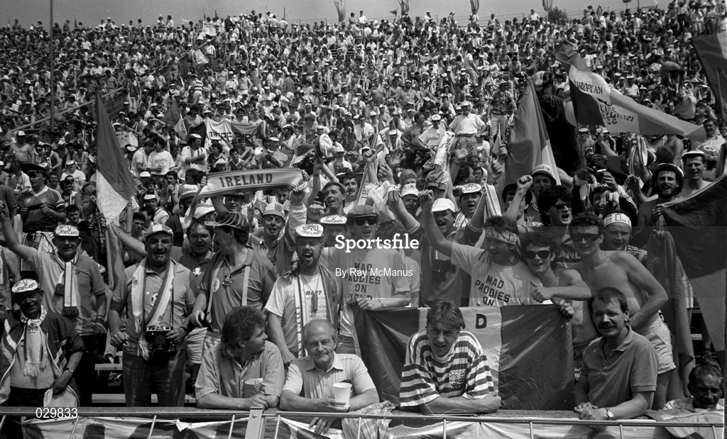 18 June 1988; Republic of Ireland supporters during the UEFA European Football Championship Finals Group B match between Republic of Ireland and Netherlands at Parkstadion in Gelsenkirchen, Germany. Photo by Ray McManus/Sportsfile