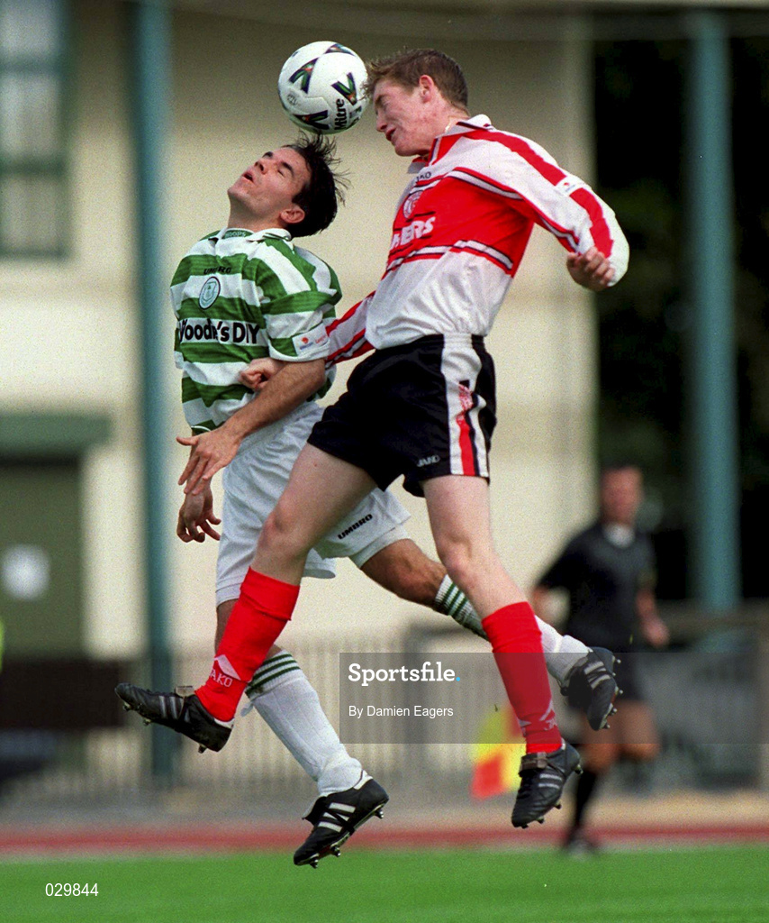 26 September 1999; Jason Colwell of Shamrock Rovers in action against Conor O'Grady of Sligo Rovers during the Eircom League Premier Division match between Shamrock Rovers and Sligo Rovers at Morton Stadium in Santry, Dublin. Photo by Damien Eagers/Sportsfile
