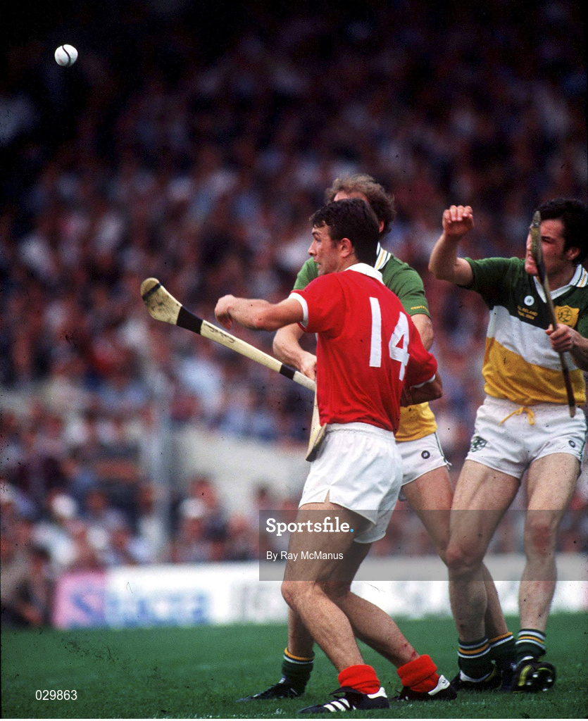 2 September 1984; Jimmy Barry Murphy of Cork in action against Eugene Coughlan and Pat Fleury of Offaly during All-Ireland Senior Hurling Championship Final at Semple Stadium in Thurles, Tipperary. Photo by Ray McManus/Sportsfile