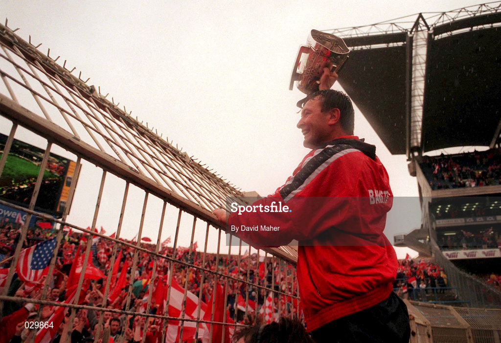 12 September 1999; Cork manager Jimmy Barry Murphy shows off the Liam MacCarthy Cup to Cork supporters on Hill 16 following the Guinness All-Ireland Senior Hurling Championship Final between Cork and Kilkenny at Croke Park in Dublin. Photo by David Maher/Sportsfile