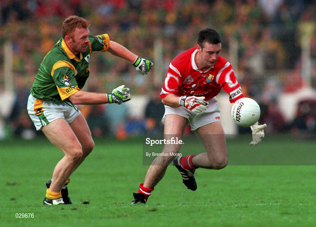 26 September 1999; Joe Kavangh of Cork in action against Enda McManus of Meath during the Bank of Ireland All-Ireland Senior Football Championship Final match between Meath and Cork at Croke Park in Dublin. Photo by Brendan Moran/Sportsfile