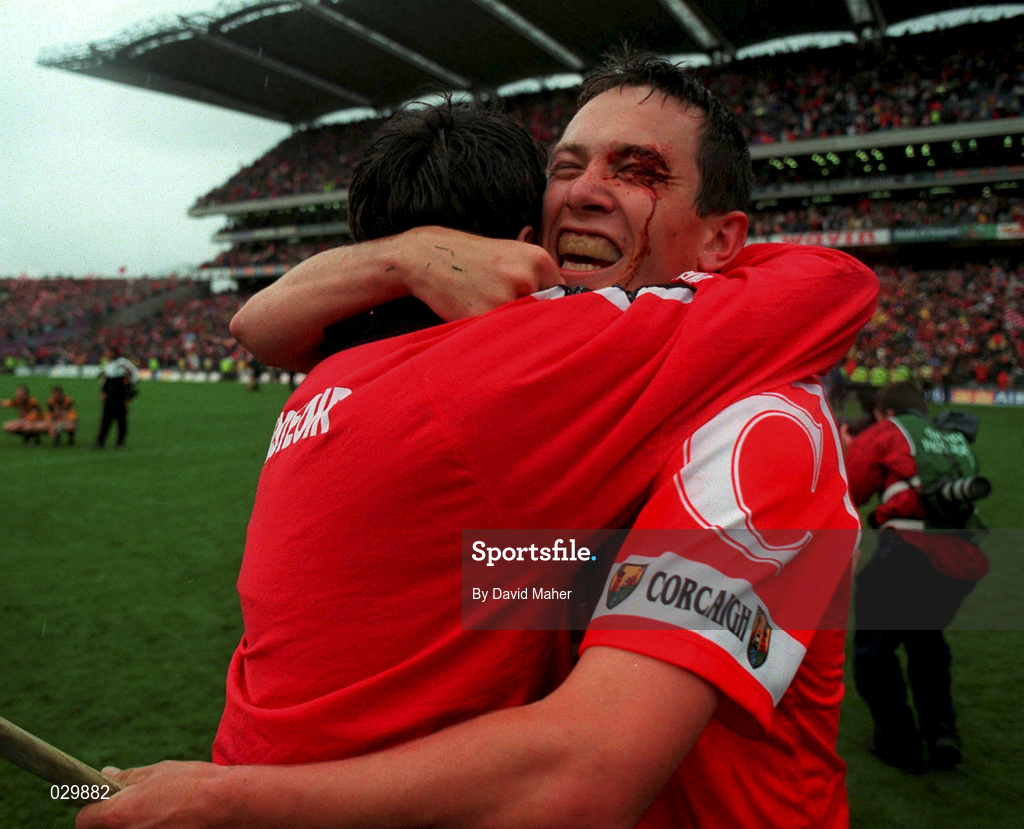 12 September 1999; Cork's John Browne celebrates with manager Jimmy Barry Murphy  following the Guinness All-Ireland Senior Hurling Championship Final between Cork and Kilkenny at Croke Park in Dublin. Photo by David Maher/Sportsfile