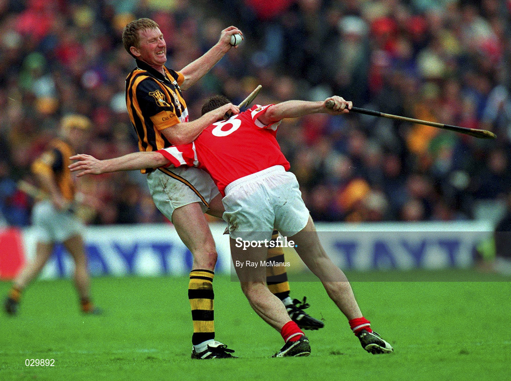12 September 1999; John Power of Kilkenny in action against Mark Landers of Cork during the Guinness All-Ireland Senior Hurling Championship Final between Cork and Kilkenny at Croke Park in Dublin. Photo by Ray McManus/Sportsfile