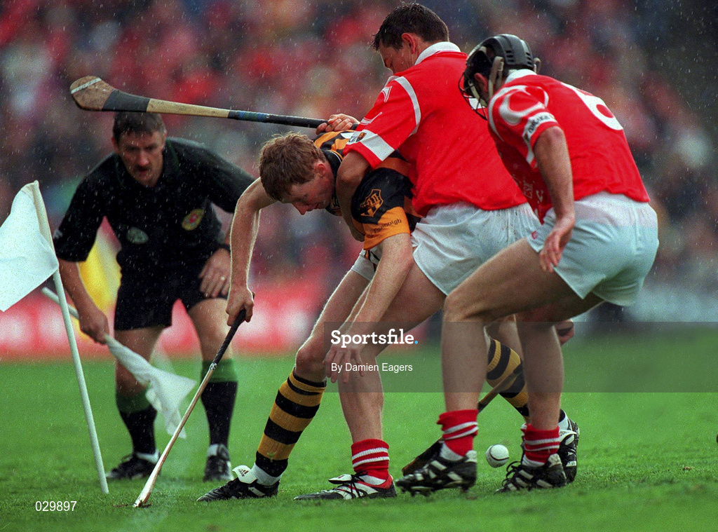 12 September 1999; John Power of Kilkenny comes under pressure from Cork defenders John Browne and Brian Corcoran, 6, during the Guinness All-Ireland Senior Hurling Championship Final between Cork and Kilkenny at Croke Park in Dublin. Photo by Damien Eagers/Sportsfile
