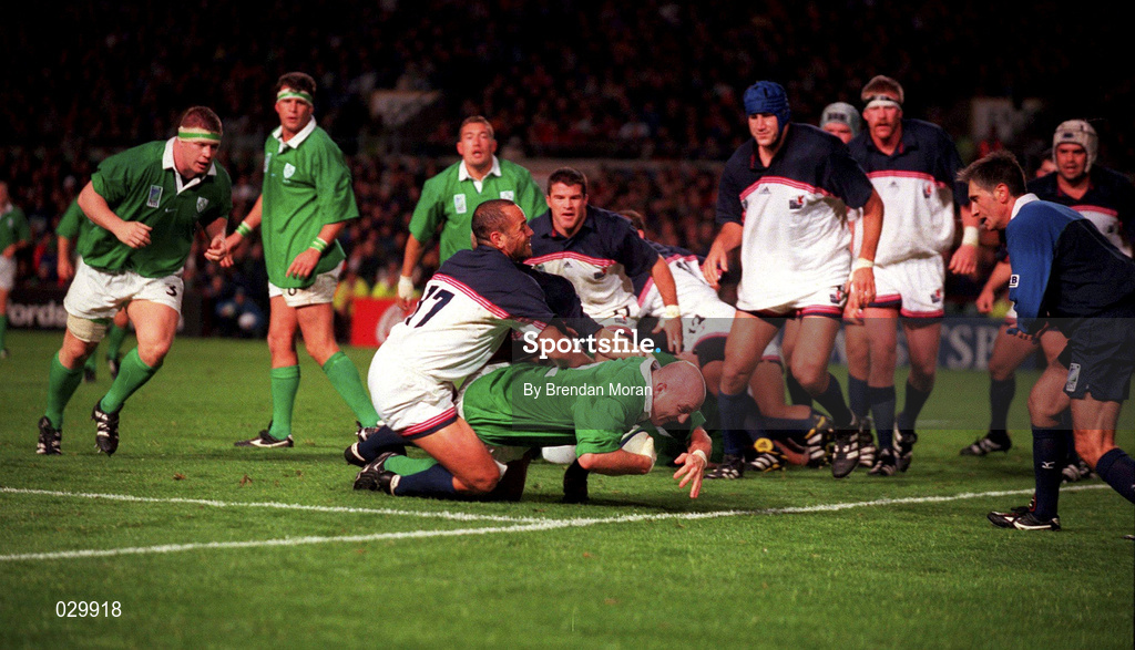2 October 1999; Keith Wood of Ireland goes over for a try during the Rugby World Cup Pool E match between Ireland and USA at Lansdowne Road in Dublin. Photo by Brendan Moran/Sportsfile