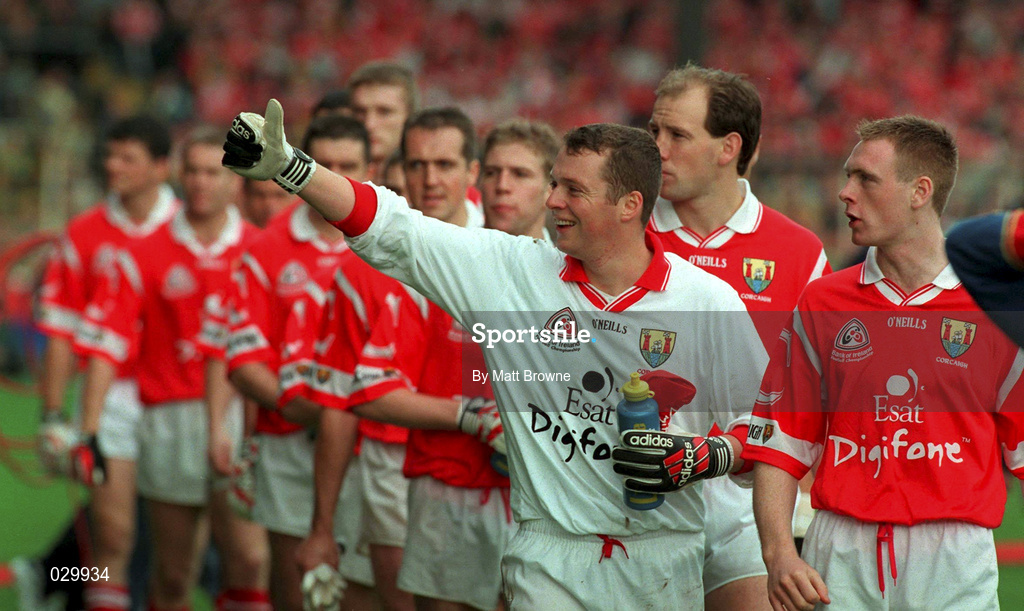 26 September 1999; Kevin O'Dwyer of Cork acknowledges supporters during the pre-match parade ahead of the Bank of Ireland All-Ireland Senior Football Championship Final match between Meath and Cork at Croke Park in Dublin. Photo by Matt Browne/Sportsfile