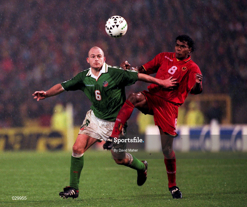 15 November 1997; Lee Carsley of Republic of Ireland in action against Luis Oliveira of Belgium during the FIFA World Cup Play-Off Second Leg match between Belgium and Republic of Ireland at Heysel Stadium in Brussels, Belgium. Photo by David Maher/Sportsfile