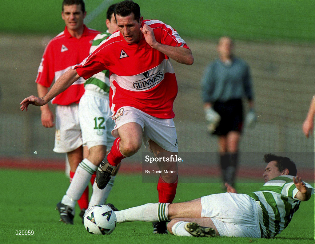 17 October 1999; Liam O'Brien of Cork City in action against Brian Byrne of Shamrock Rovers during the Eircom League Premier Division match between Shamrock Rovers and Cork City at Morton Stadium in Santry, Dublin. Photo by David Maher/Sportsfile