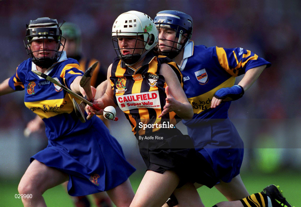 5 September 1999; Lizzie Lyng of Kilkenny in action against Una O'Dwyer of Tipperary during the Bórd na Gaeilge All-Ireland Senior Camogie Championship Final between Tipperary and Kilkenny at Croke Park in Dublin. Photo by Aoife Rice/Sportsfile