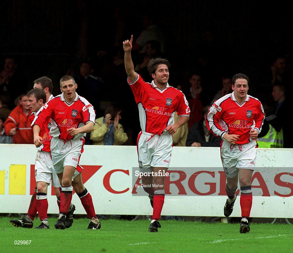 24 October 1999; Marcus Hallows, second from right, celebrates after scoring his side's goal with his St Patrick's Athletic team-mates, from left, Trevor Molloy, Trevor Croly and Eddie Gormley during the Eircom League Premier Division match between St Patrick's Athletic and Shamrock Rovers at Richmond Park in Inchicore, Dublin. Photo by David Maher/Sportsfile
