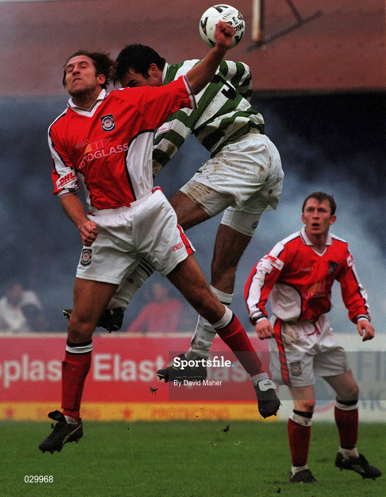24 October 1999; Marcus Hallows of St Patrick's Athletic in action against Terry Palmer of Shamrock Rovers during the Eircom League Premier Division match between St Patrick's Athletic and Shamrock Rovers at Richmond Park in Inchicore, Dublin. Photo by David Maher/Sportsfile