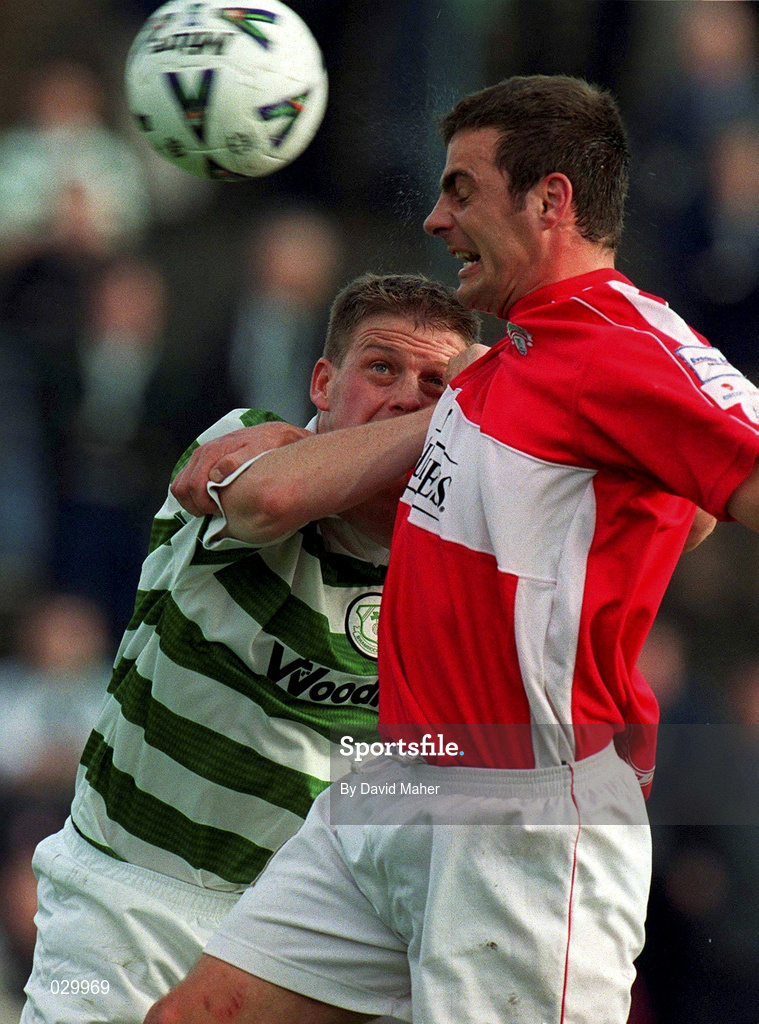 17 October 1999; Mark Herrick of Cork City in action against Richie Purdy of Shamrock Rovers during the Eircom League Premier Division match between Shamrock Rovers and Cork City at Morton Stadium in Santry, Dublin. Photo by David Maher/Sportsfile