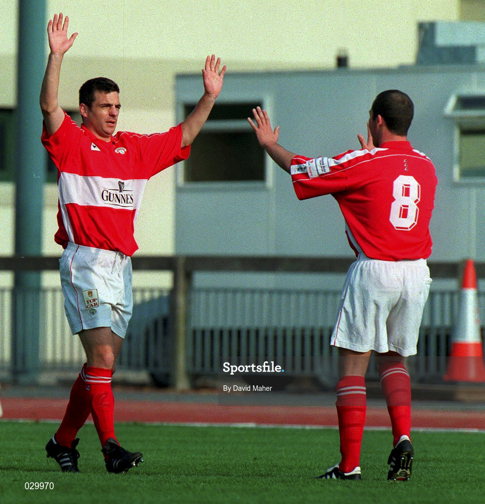 17 October 1999; Mark Herrick, left, celebrates with his Cork City team-mate Kelvin Flanagan after scoring his side's opening goal during the Eircom League Premier Division match between Shamrock Rovers and Cork City at Morton Stadium in Santry, Dublin. Photo by David Maher/Sportsfile