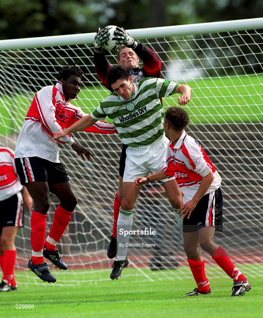 26 September 1999; Sligo Rovers goalkeeper Matt Boswell takes possession ahead of Shane Jackson of Shamrock Rovers during the Eircom League Premier Division match between Shamrock Rovers and Sligo Rovers at Morton Stadium in Santry, Dublin. Photo by Damien Eagers/Sportsfile