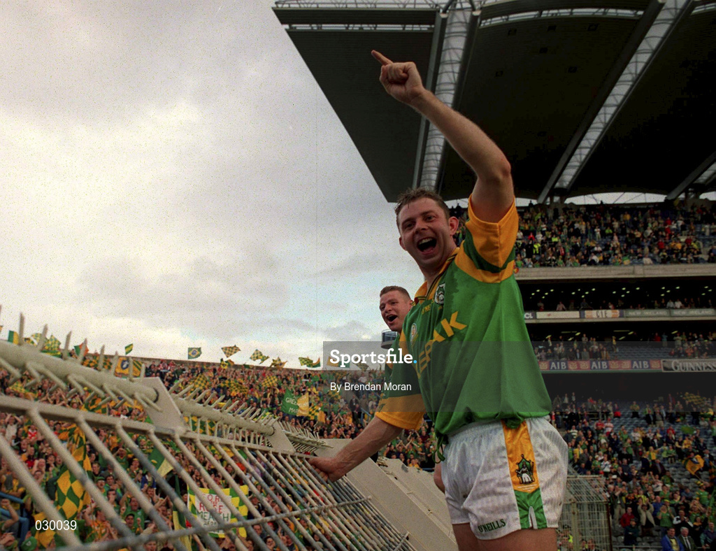 26 September 1999; Cormac Murphy, right, and Tommy Dowd of Meath celebrate with Meath supporters on Hill 16 following the Bank of Ireland All-Ireland Senior Football Championship Final match between Meath  Cork at Croke Park in Dublin. Photo by Brendan Moran/Sportsfile