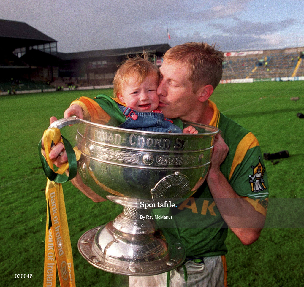 26 September 1999; Meath captain Graham Geraghty celebrates with his daughter Sophia and the Sam Maguire Cup following the Bank of Ireland All-Ireland Senior Football Championship Final match between Meath amd Cork at Croke Park in Dublin. Photo by Ray McManus/Sportsfile