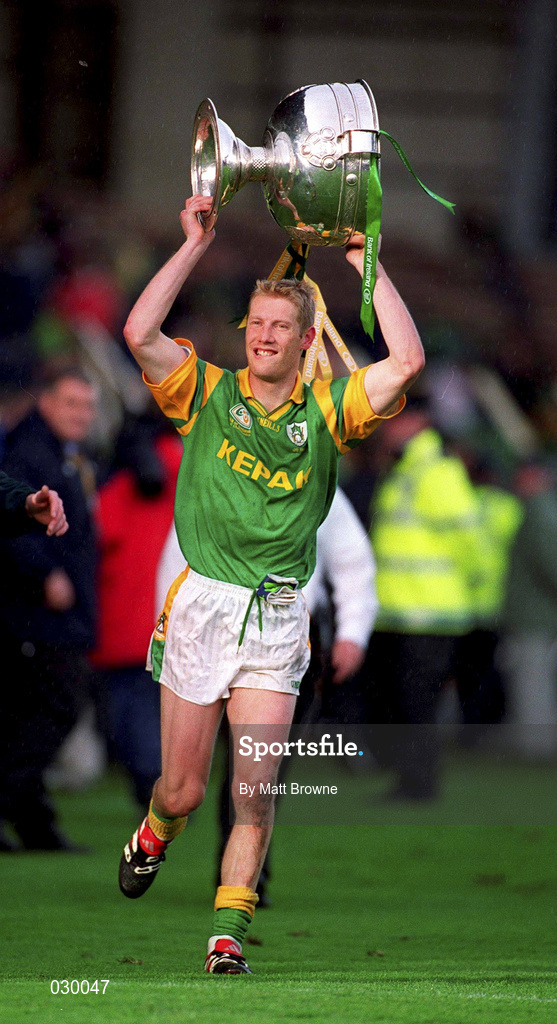 26 September 1999; Meath captain Graham Geraghty celebrates with the Sam Maguire Cup during a lap of honour following the Bank of Ireland All-Ireland Senior Football Championship Final match between Meath and Cork at Croke Park in Dublin. Photo by Matt Browne/Sportsfile