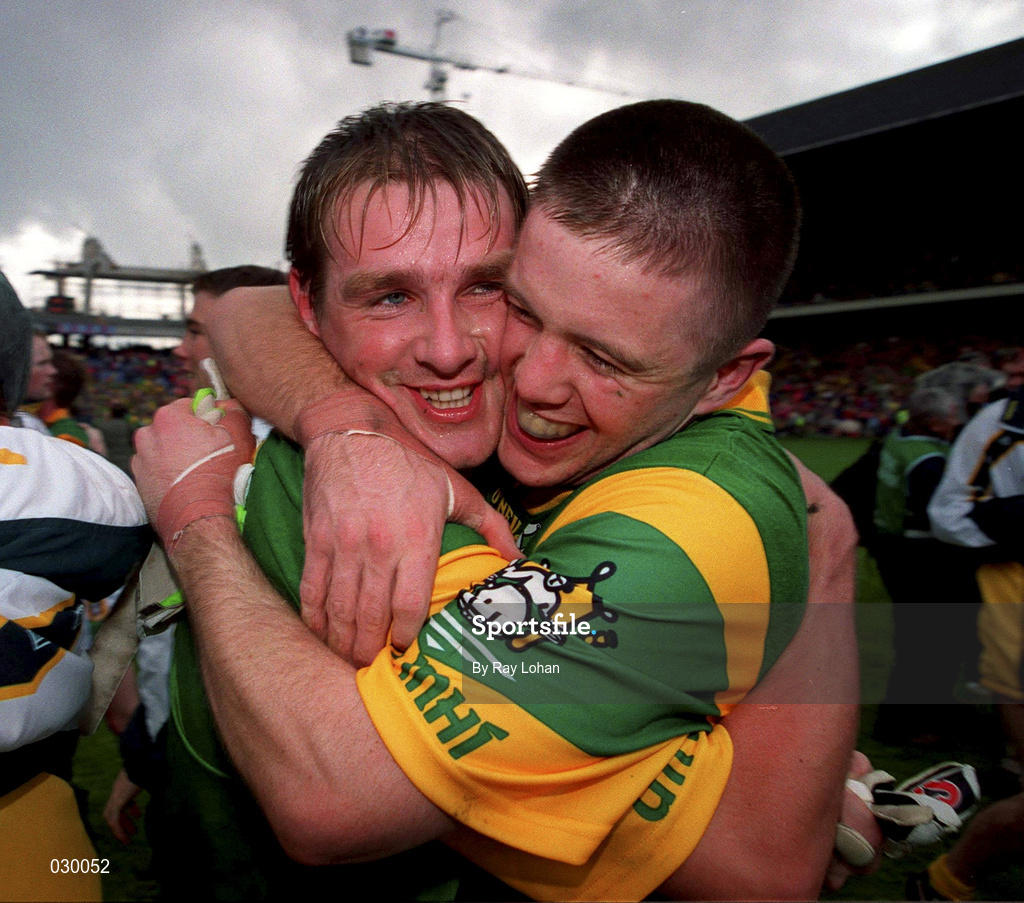 26 September 1999; Darren Fay of Meath, left, celebrates with team-mate Mark O'Reilly celebrate following the Bank of Ireland All-Ireland Senior Football Championship Final match between Meath and Cork at Croke Park in Dublin. Photo by Ray Lohan/Sportsfile