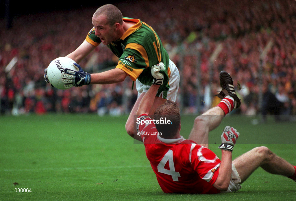 26 September 1999; Ollie Murphy of Meath in action against Anthony Lynch of Cork during the Bank of Ireland All-Ireland Senior Football Championship Final between Meath and Cork at Croke Park in Dublin. Photo by Ray Lohan/Sportsfile