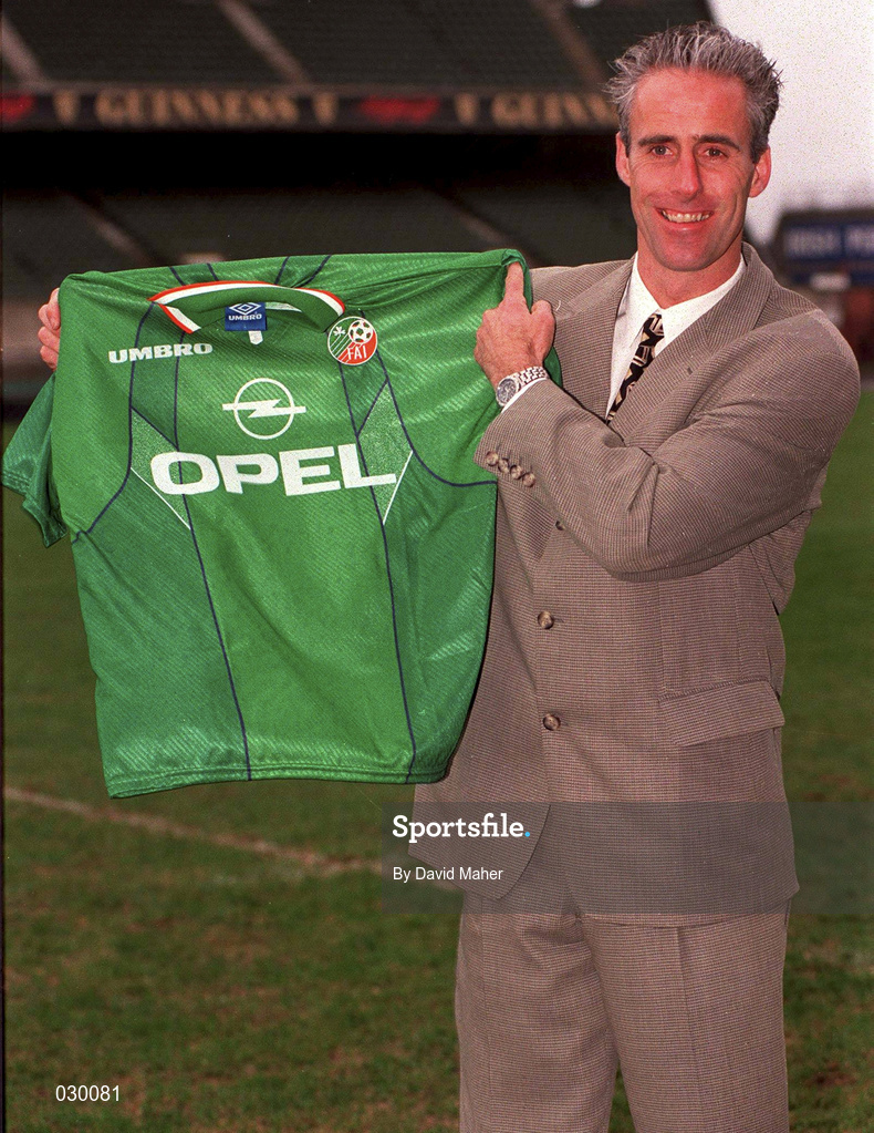 5 February 1996; Newly appointed Republic of Ireland manager Mick McCarthy poses with a Republic of Ireland jersey at Lansdowne Road in Dublin. Photo by David Maher/Sportsfile
