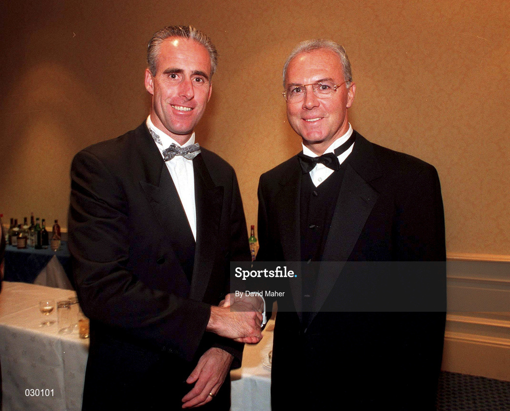 26 October 1997; Republic of Ireland manager Mick McCarthy and former Germany international Franz Beckenbauer, recipient of the International Personality Award, in attendance at the FAI / OPEL International Soccer Awards in the Burlington Hotel, Ballsbridge, Dublin. Photo by David Maher/Sportsfile