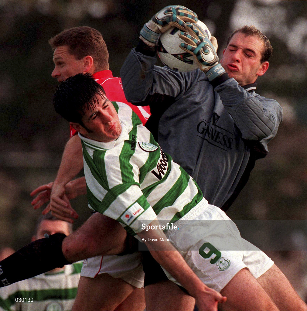 17 October 1999; Cork City goalkeeper Noel Mooney and team-mate Declan Daly in action against Graham Lawlor of Shamrock Rovers during the Eircom League Premier Division match between Shamrock Rovers and Cork City at Morton Stadium in Santry, Dublin. Photo by David Maher/Sportsfile