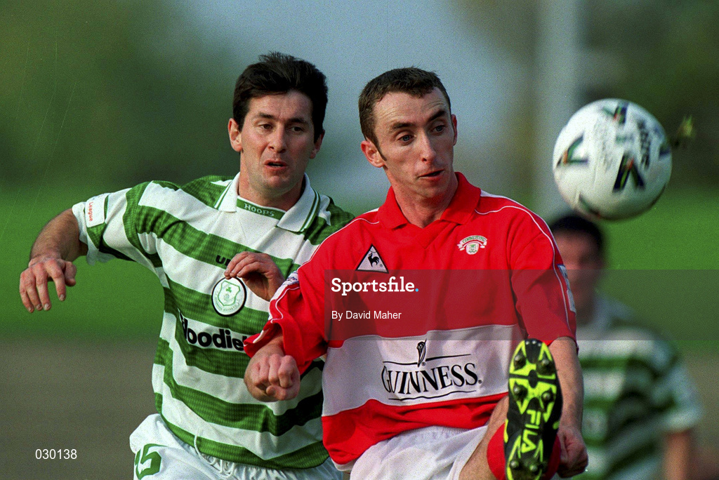 17 October 1999; Ollie Cahill of Cork City in action against Brian Byrne of Shamrock Rovers during the Eircom League Premier Division match between Shamrock Rovers and Cork City at Morton Stadium in Santry, Dublin. Photo by David Maher/Sportsfile